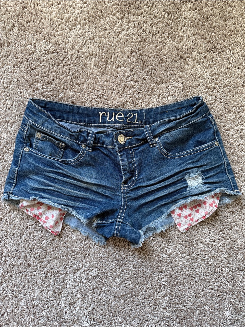 rue21 Dark Blue Denim Cutoff Shorts with Heart Liner Peek